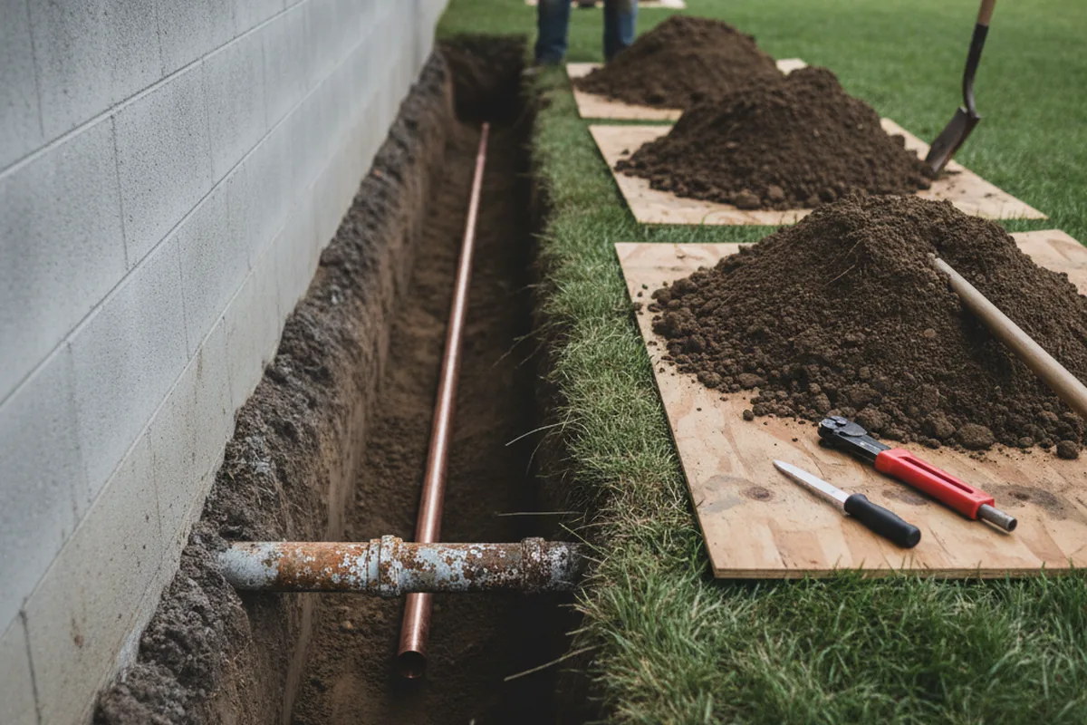Excavated water line trench during Water Softener Installation in Delta